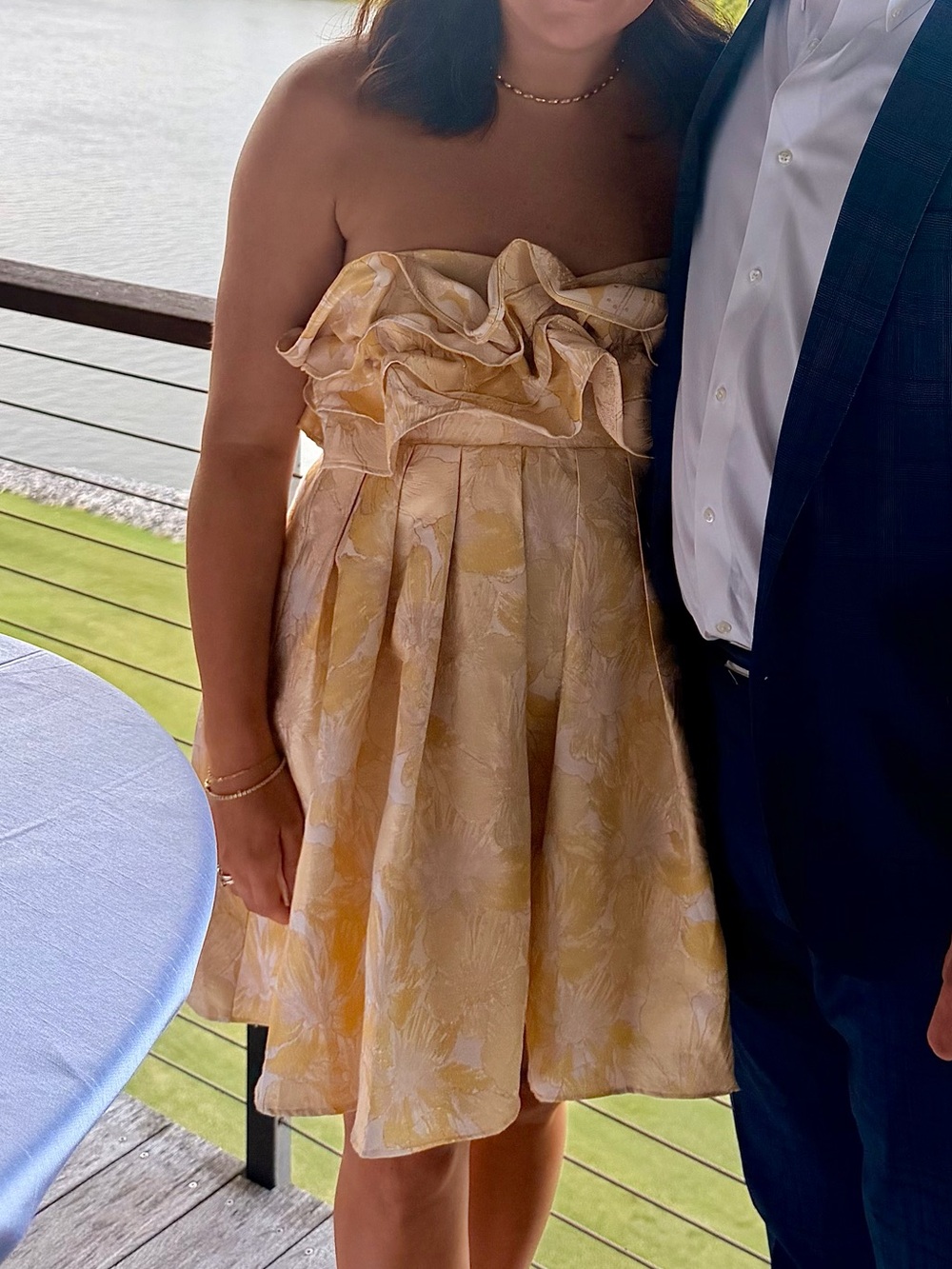 Strapless Yellow Floral Ruffle Cocktail Dress